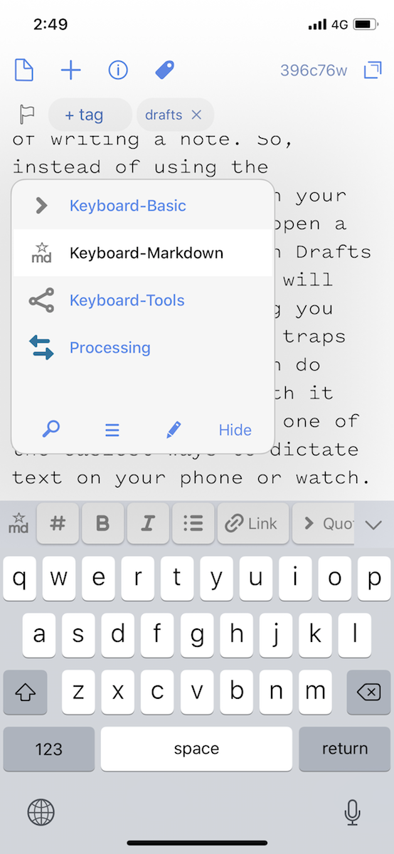 Drafts keyboard options
