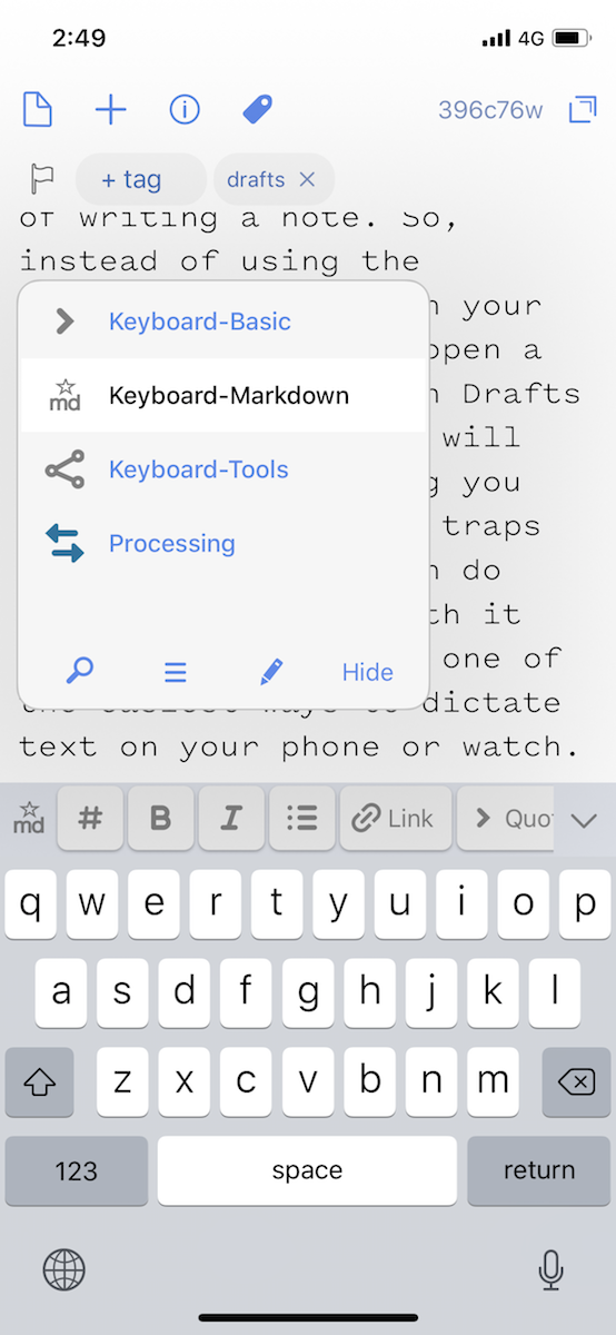 Drafts keyboard options