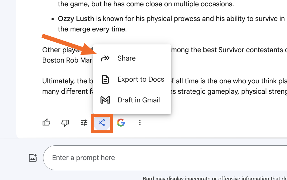 The Share option in Google Bard