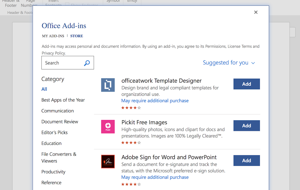 Browse add-ins in Word Online