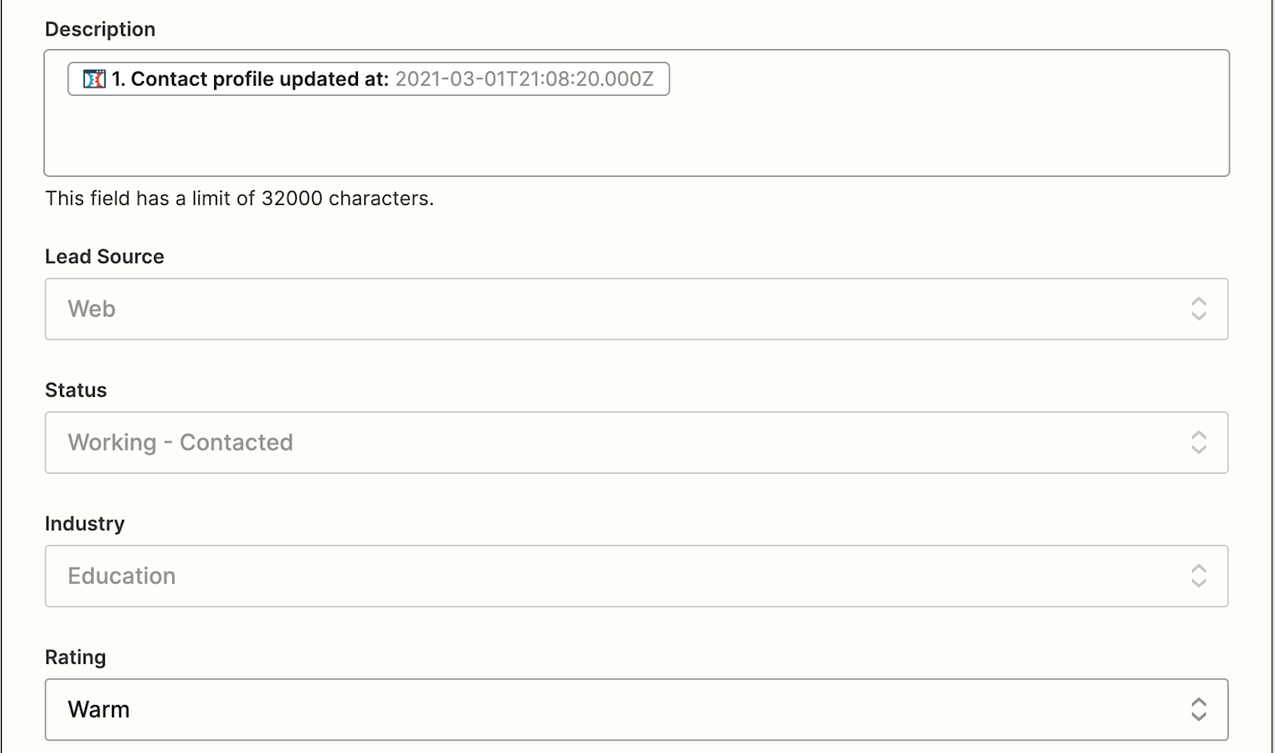 Action settings fields, including description, lead source, status, and industry.