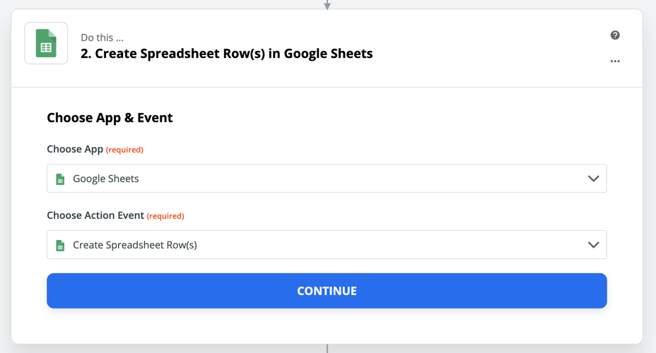 Select Continue to confirm that we want to use the Create Spreadsheet Row(s) action.