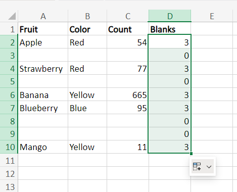 The Blanks column in Excel