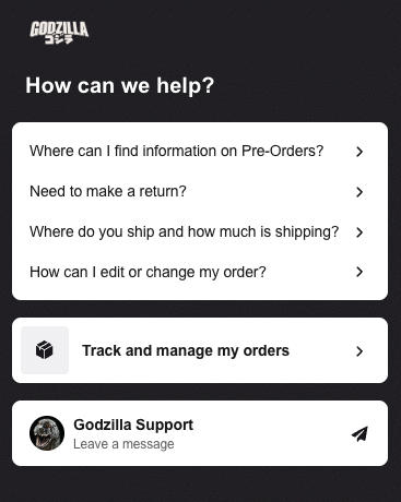 A screenshot of the official Godzilla store's customer support chatbot.