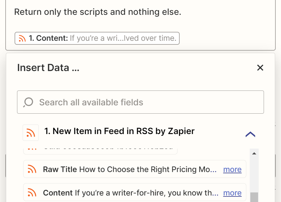 The Insert Data dropdown with data from an RSS by Zapier trigger step.