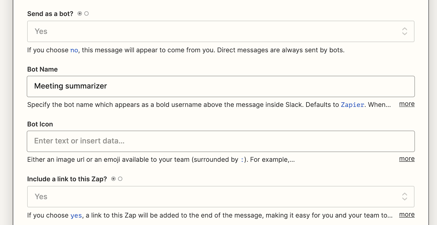 Screenshot of Slack action set up