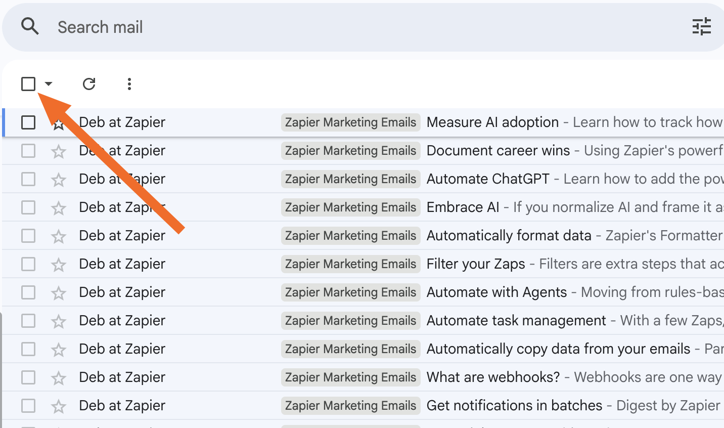 The checkbox to select all messages on the first page of your Gmail inbox