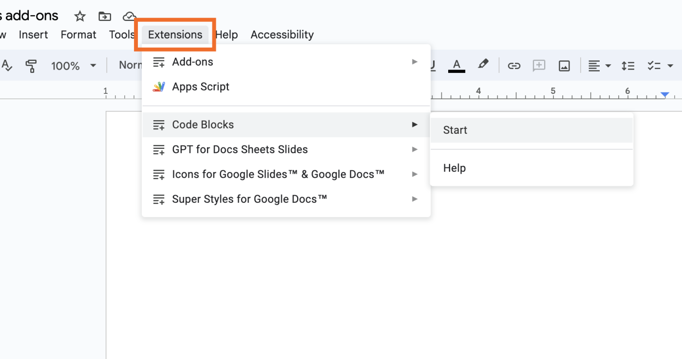 List of installed Google Docs add-ons with the start option next to the first add-on highlighted. 