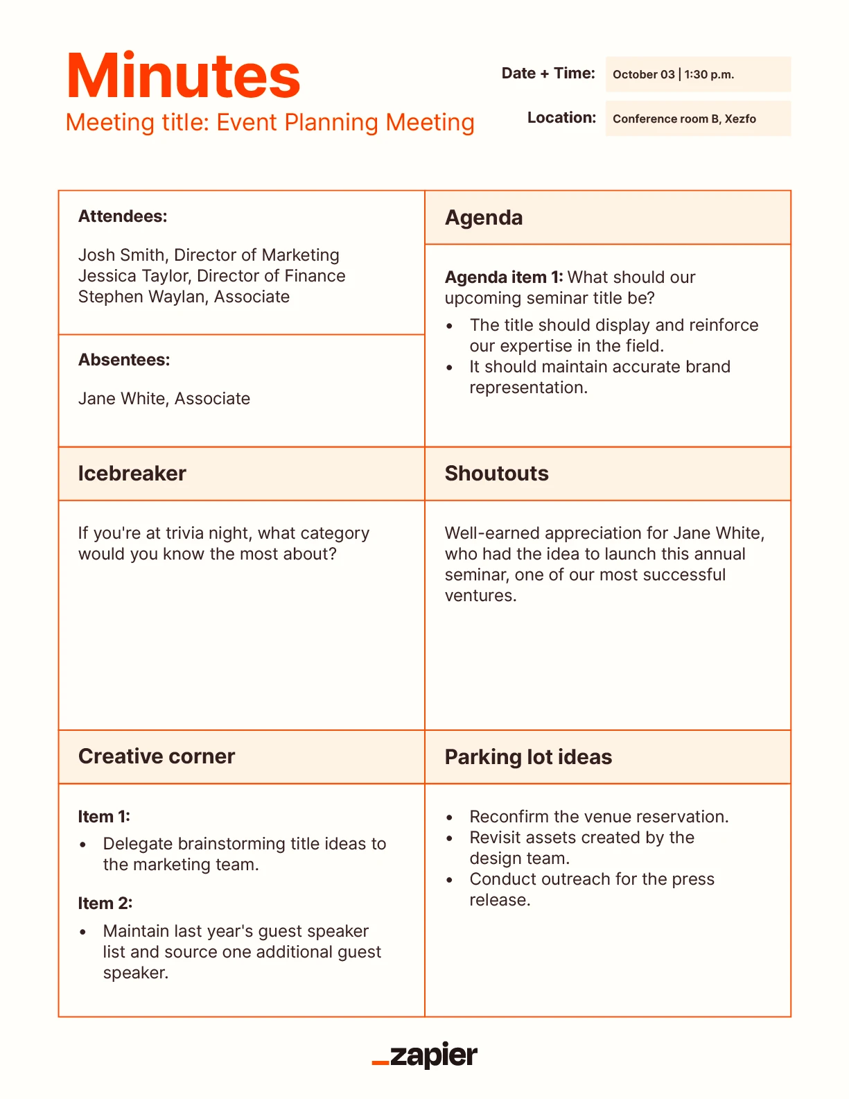 Mockup of an informal meeting minutes template.