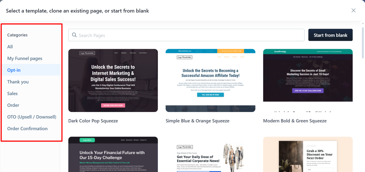 Landing page templates in ClickFunnels