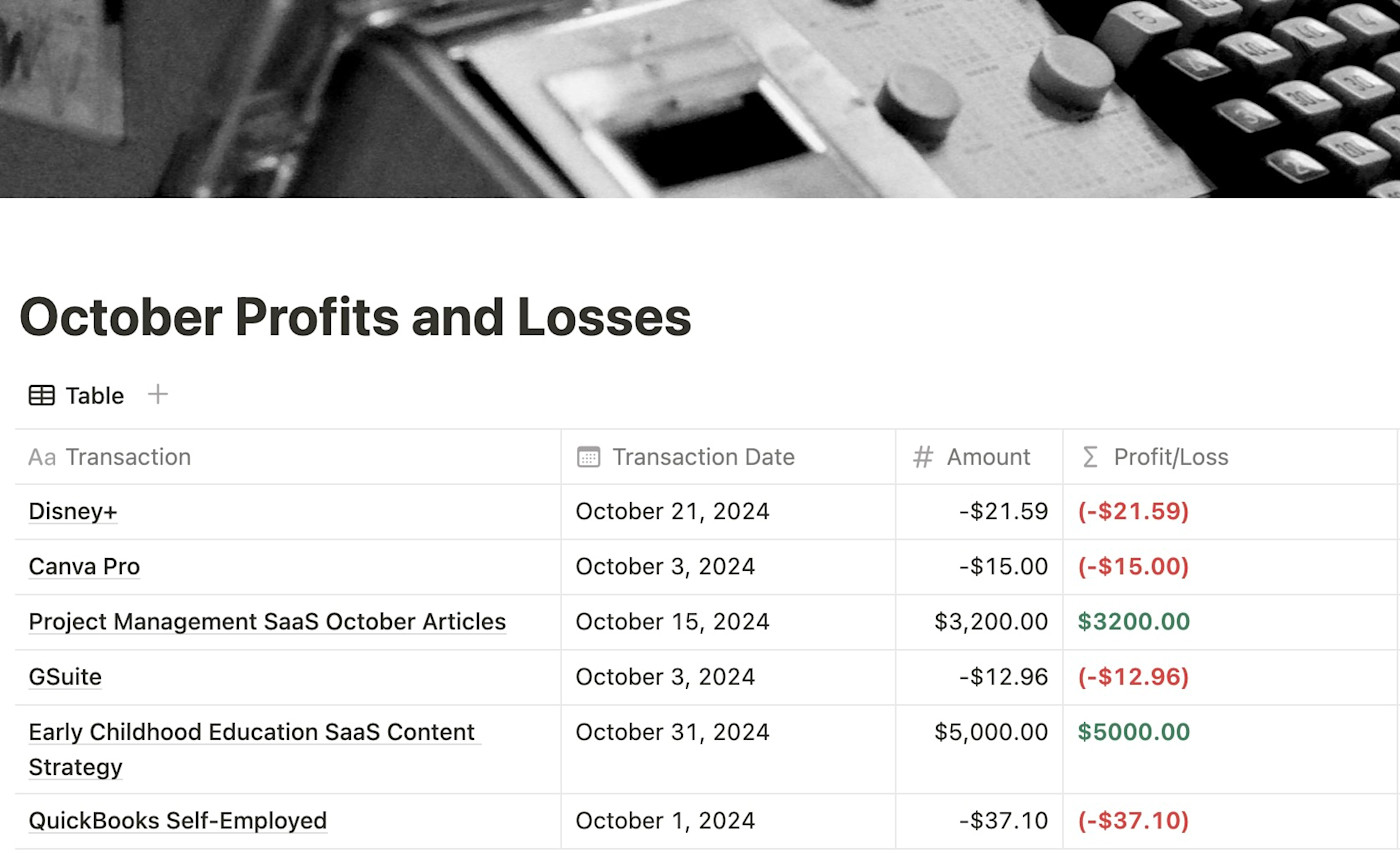 Nadira's Profits and Losses Notion database