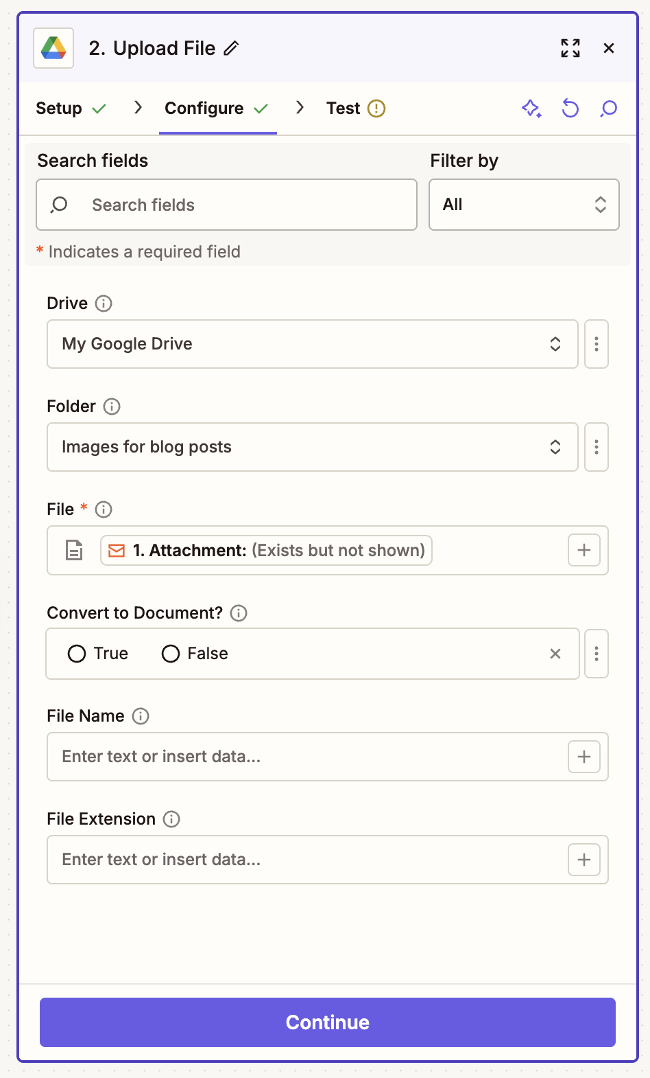 The filled out configuration tab in a Google Drive action step
