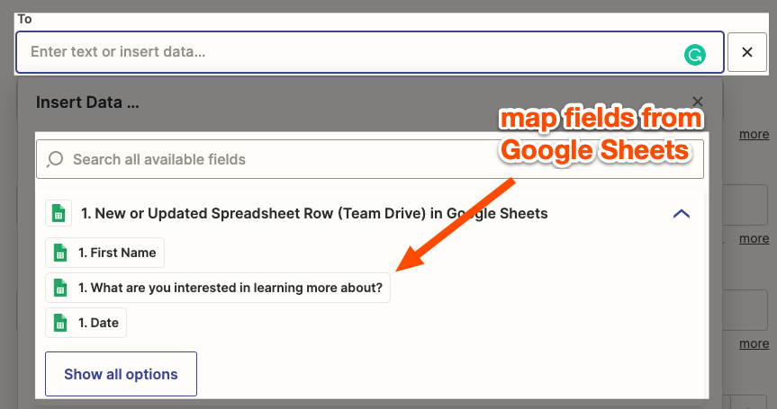 A list of data from Google Sheets is shown with an orange arrow pointing to it.