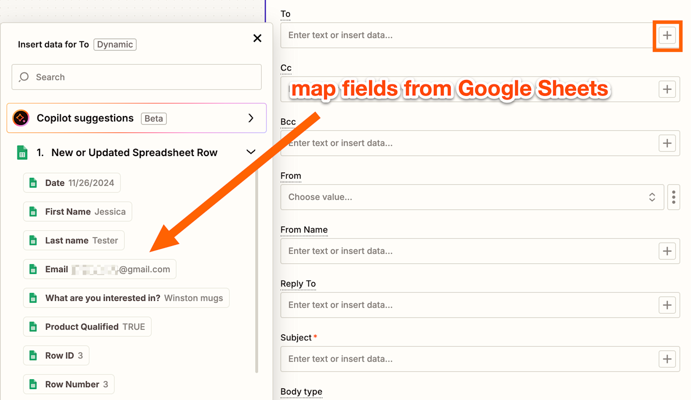 A list of data from Google Sheets is shown with an orange arrow pointing to it.