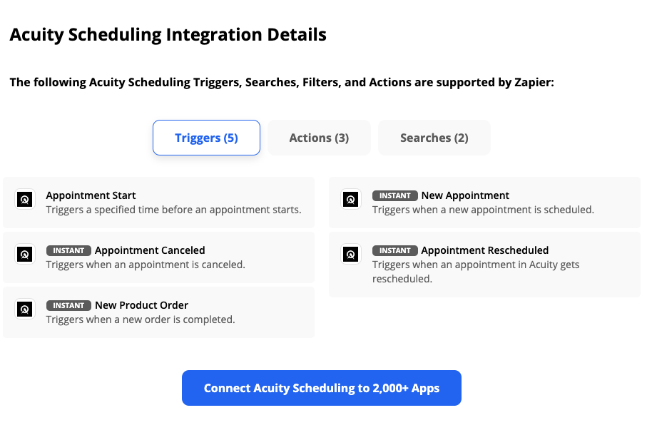 A screenshot of the integration details section of the Acuity Scheduling page showing triggers for appointment start, new appointment, appointment canceled, appointment rescheduled, and new product order, plus buttons to see actions and searches.