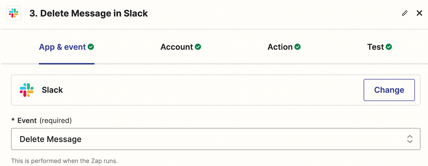 Screenshot of Slack action delete message in Zap editor