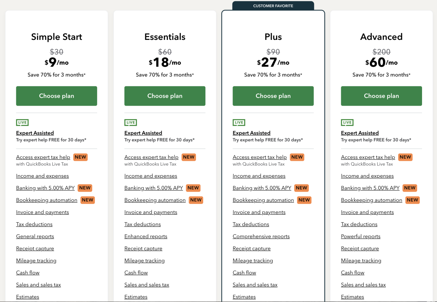 Screenshot of Quickbooks pricing plans