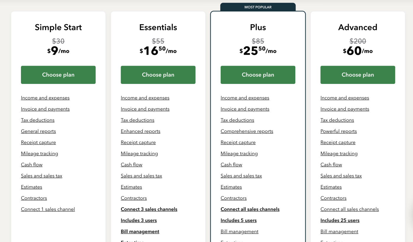 Screenshot of Quickbooks pricing plans