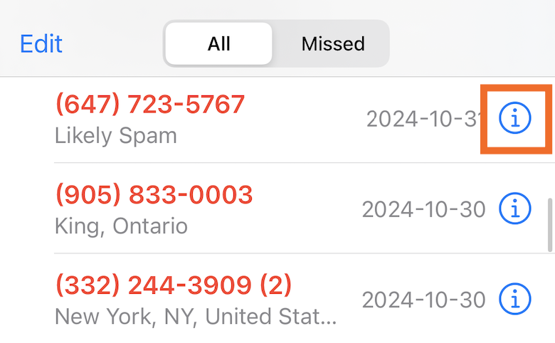 Recent calls list on an iPhone with the info icon next to one phone number highlighted. 