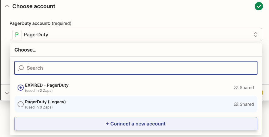 Selecting the PagerDuty account to connect to Zapier. A dropdown menu shows already-connected PagerDuty accounts.