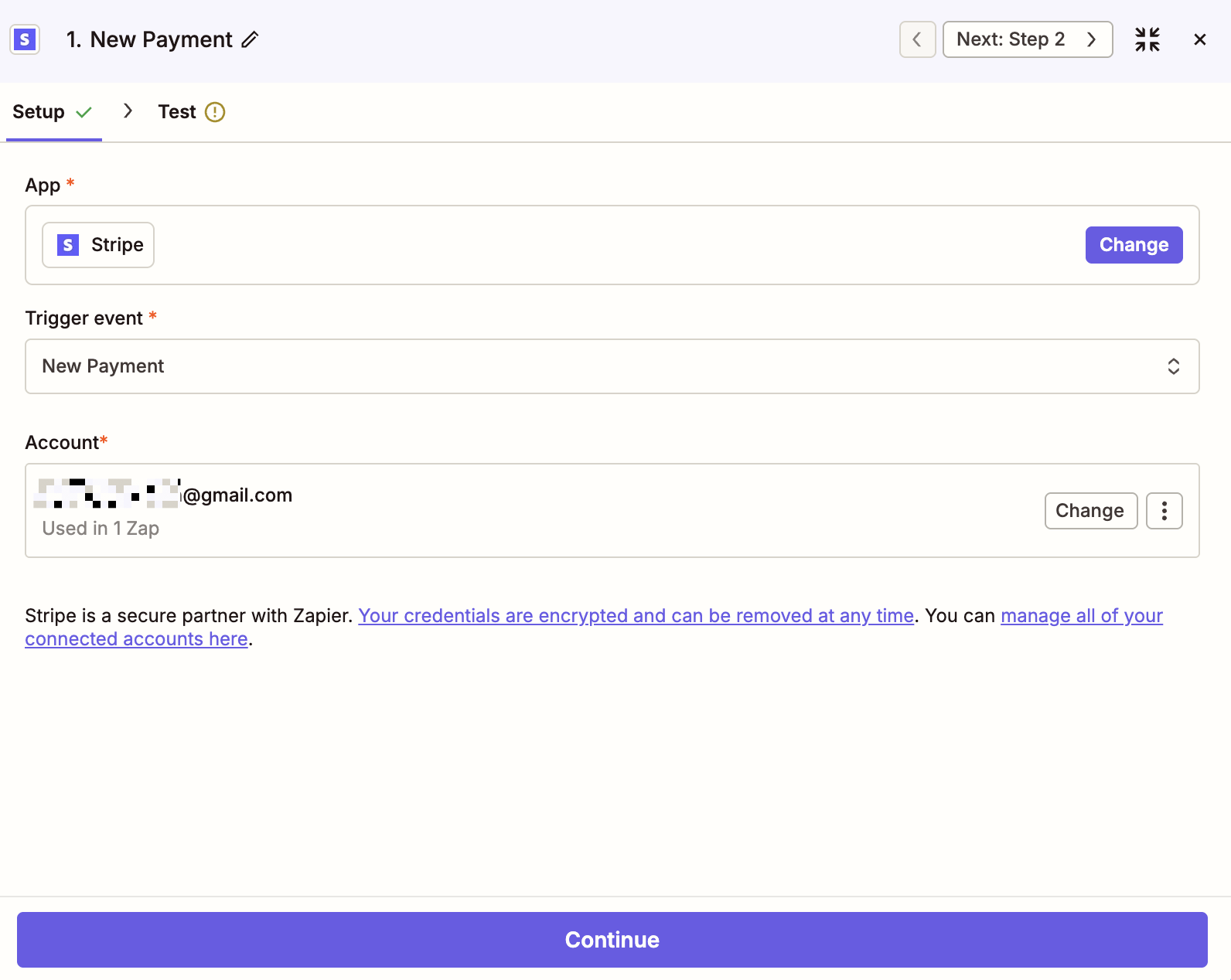 The setup screen for a Zapier trigger