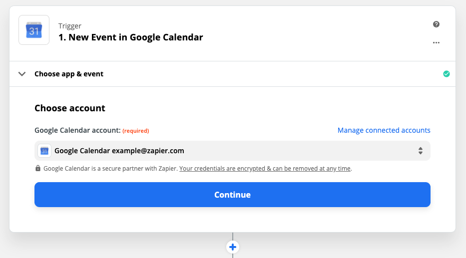 Zap Trigger set-up: "New event in Google Calendar": Choose account