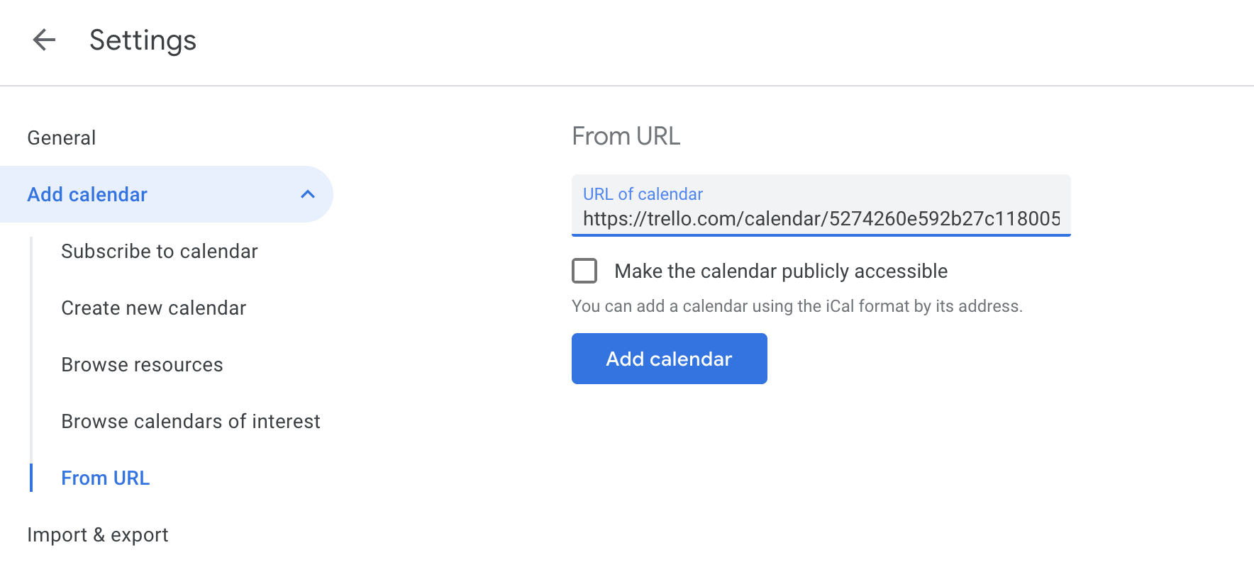 Add calendar in Google Calendar