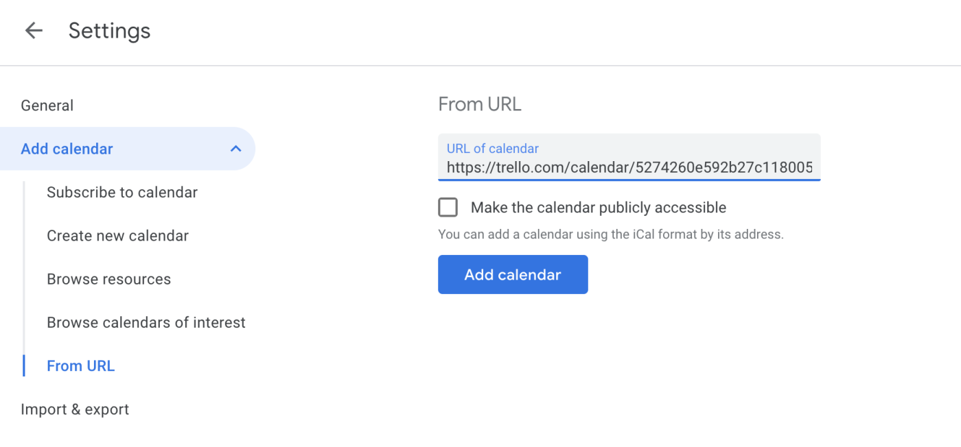 Add calendar in Google Calendar