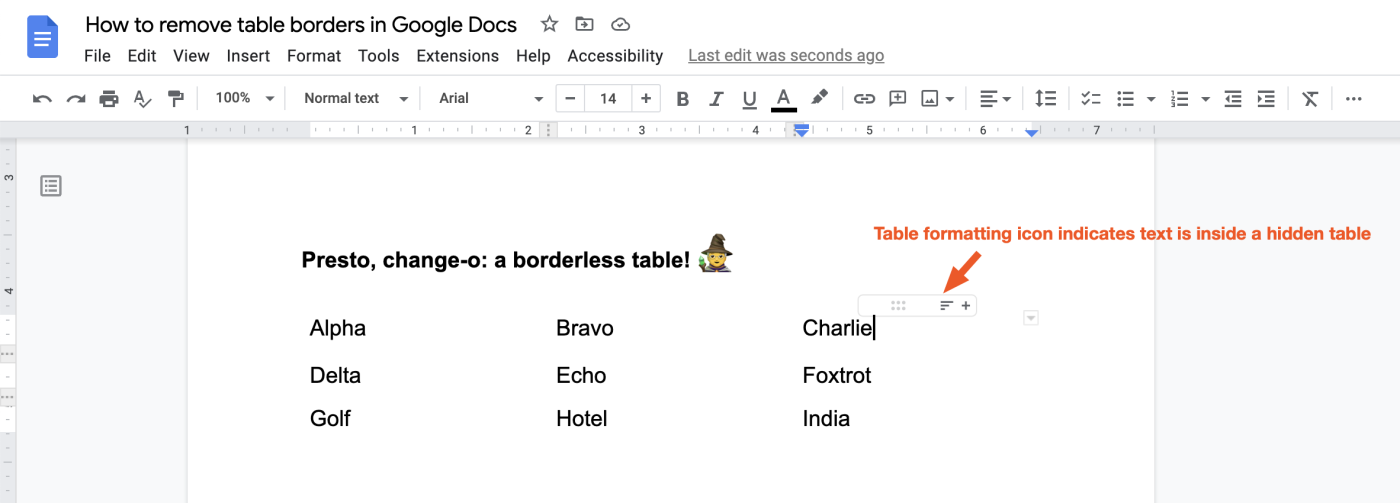 A Google Doc with a table of text, but the table's borders have been hidden. An arrow points to a table formatting icon above the top row of text and text above the arrow reads, "Table formatting icon indicates text is inside a hidden table."