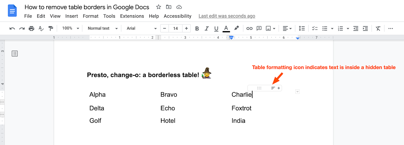 A Google Doc with a table of text, but the table's borders have been hidden. An arrow points to a table formatting icon above the top row of text and text above the arrow reads, "Table formatting icon indicates text is inside a hidden table."