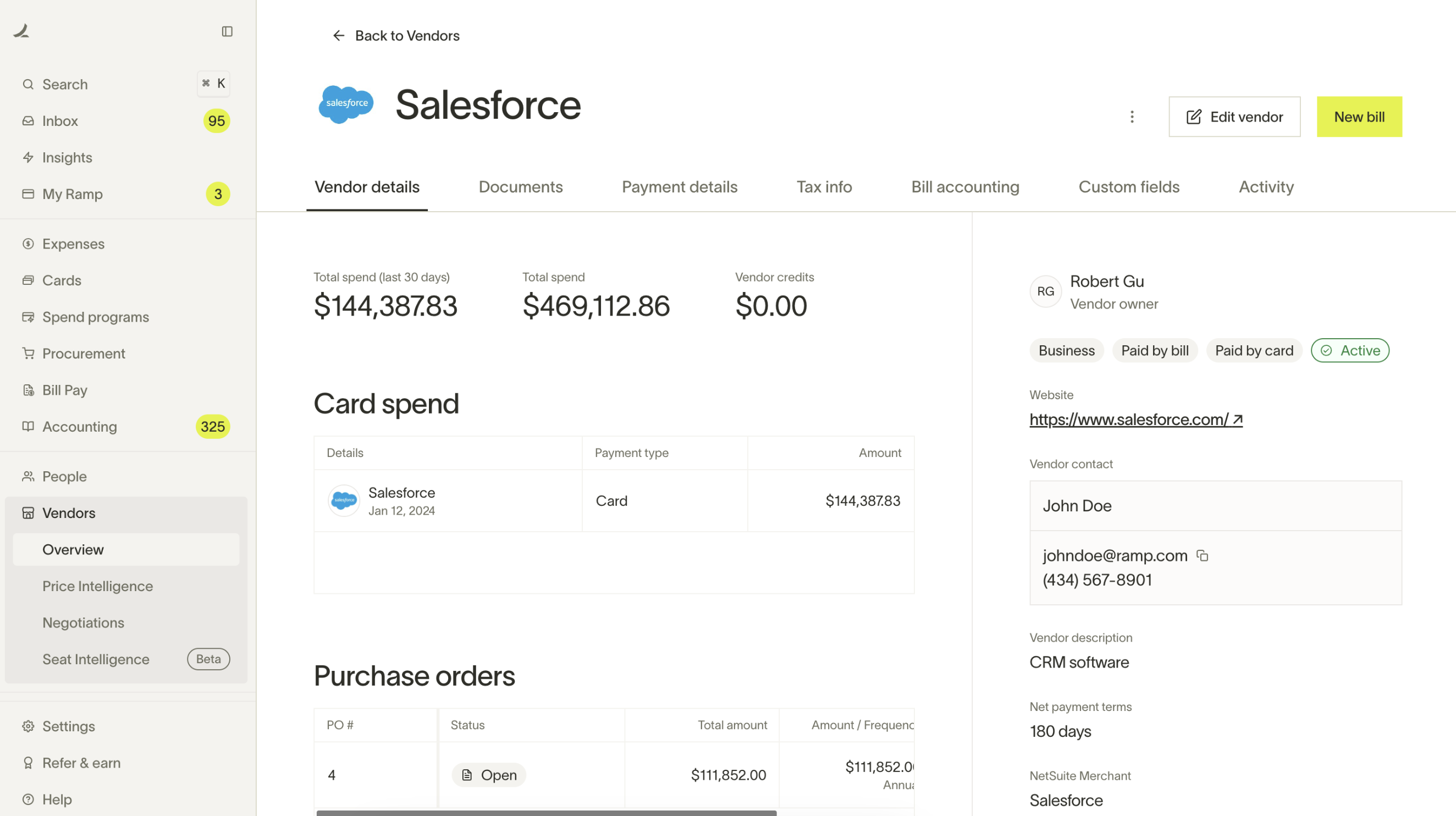 A screenshot of Ramp, a finance automation software.