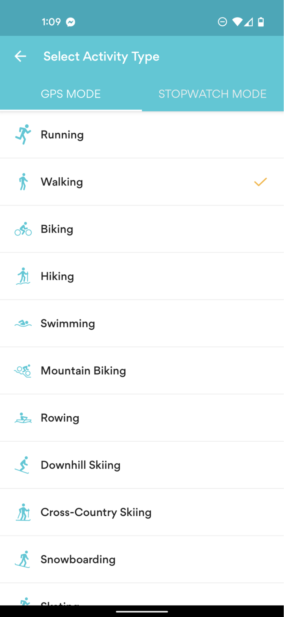 Various options for activity types in Runkeeper