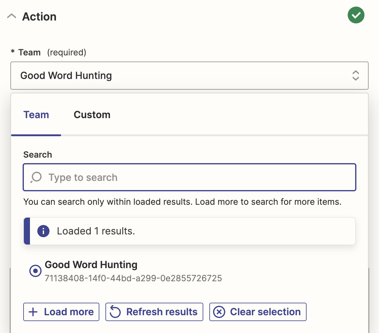 A screenshot of the setup for a Microsoft Teams action step in the Zapier editor.