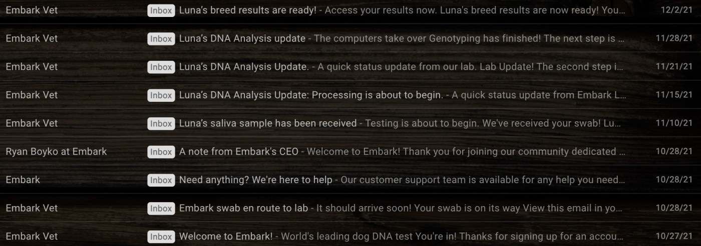 Nine emails from Embark in Steph's inbox, showing the progress of her order