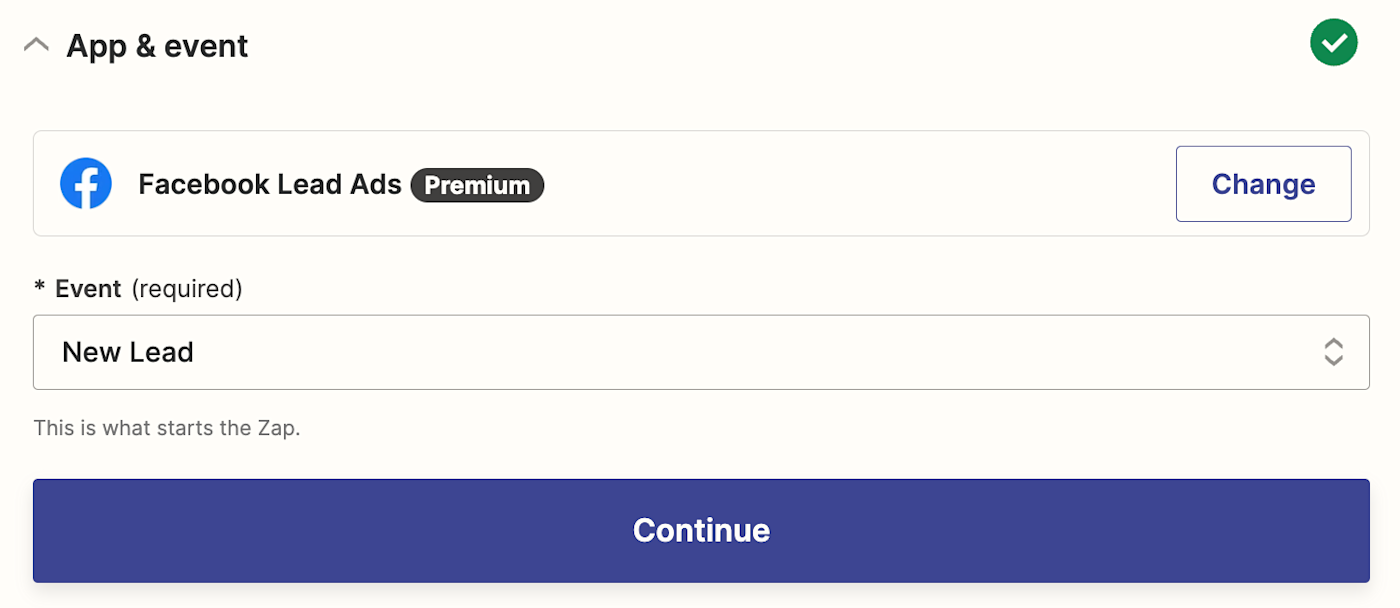 A trigger step in the Zap editor with Facebook Lead Ads selected as the trigger app and New Event selected as the trigger event.