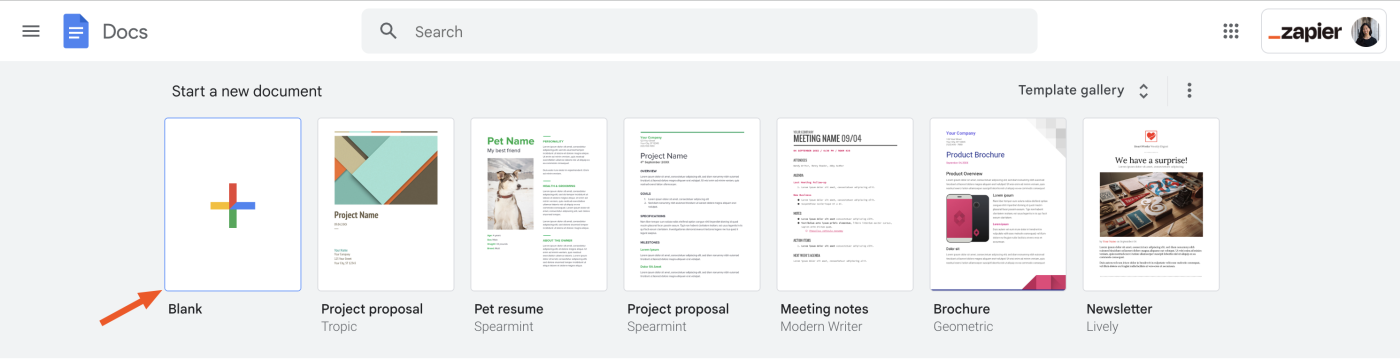 Google Docs home screen. In a row of Google Docs templates, an arrow points to the "Blank" template on the far left side of the row.