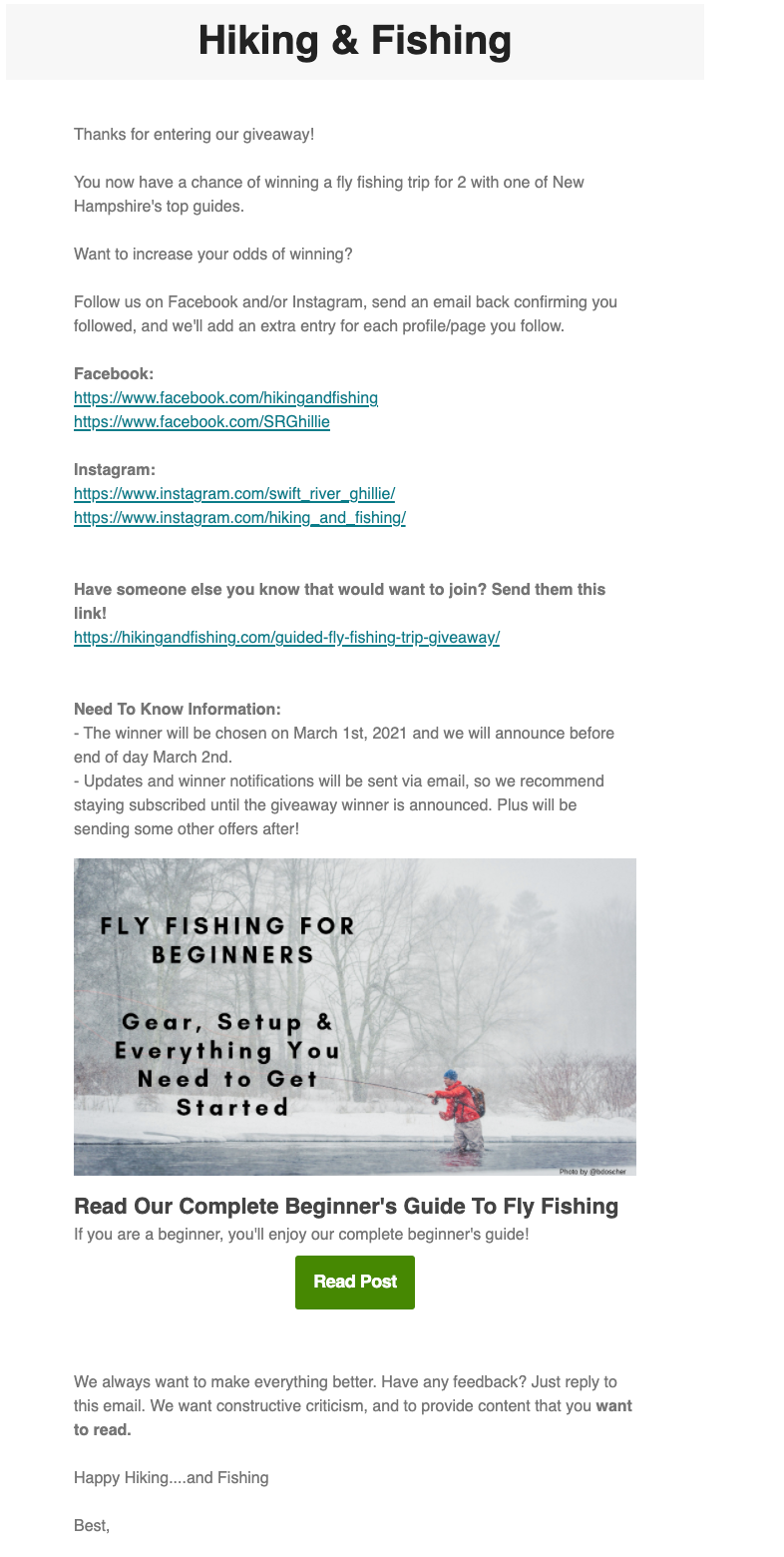 An automated email showing a header, information about a giveaway entry, social links to follow, and next steps for the giveaway.