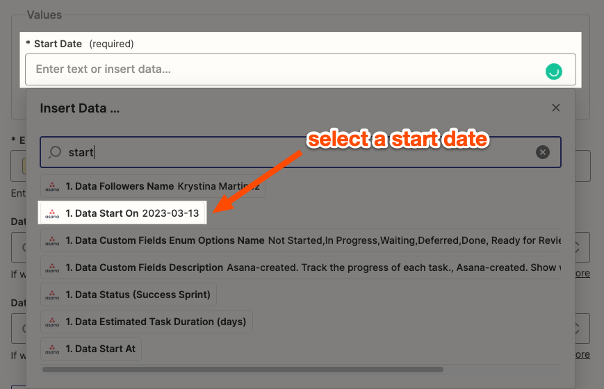 Click on a field in the Zap editor and select a date from the dropdown menu.