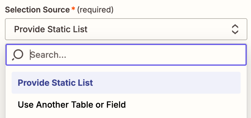 Screenshot of provide static list option