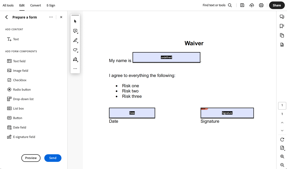 Example of a fillable PDF in Adobe. 