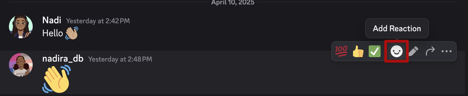 Hovering over a Discord message with the add reaction icon highlighted. 