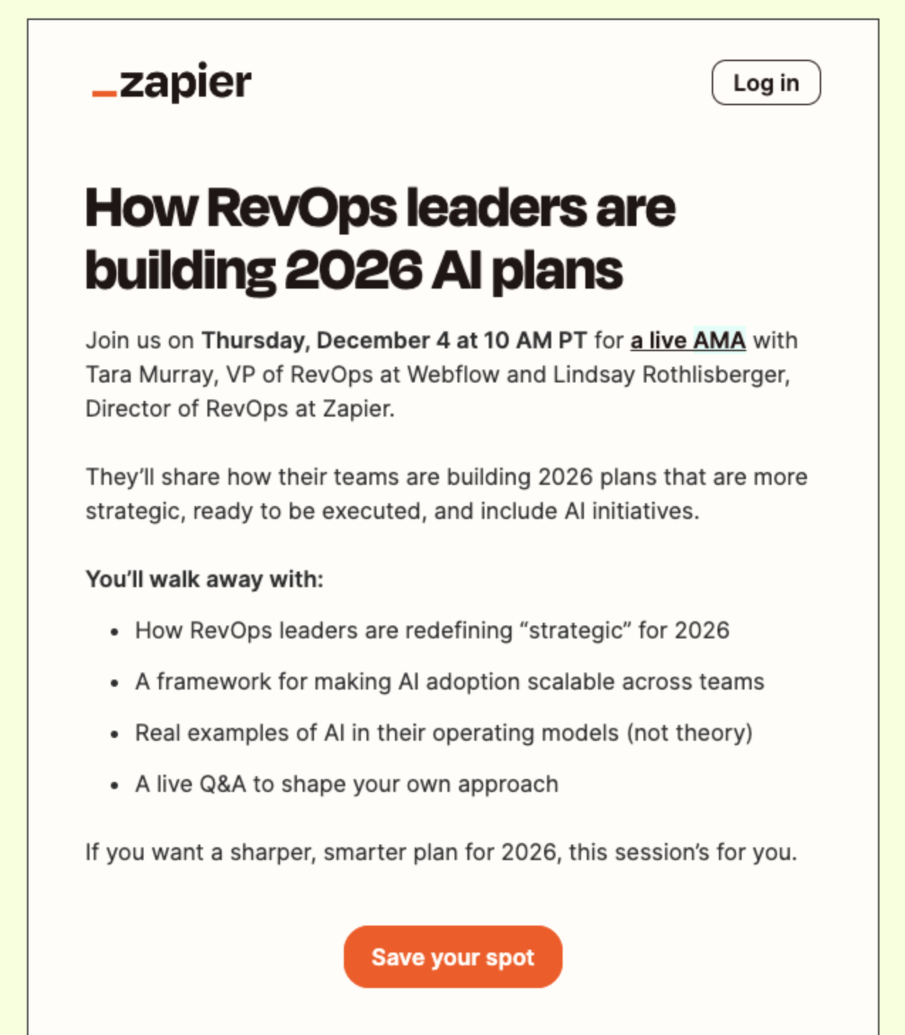 Email segmentation idea from Zapier. The message is targeted towards RevOps leader and invites them to register for a relevant webinar.