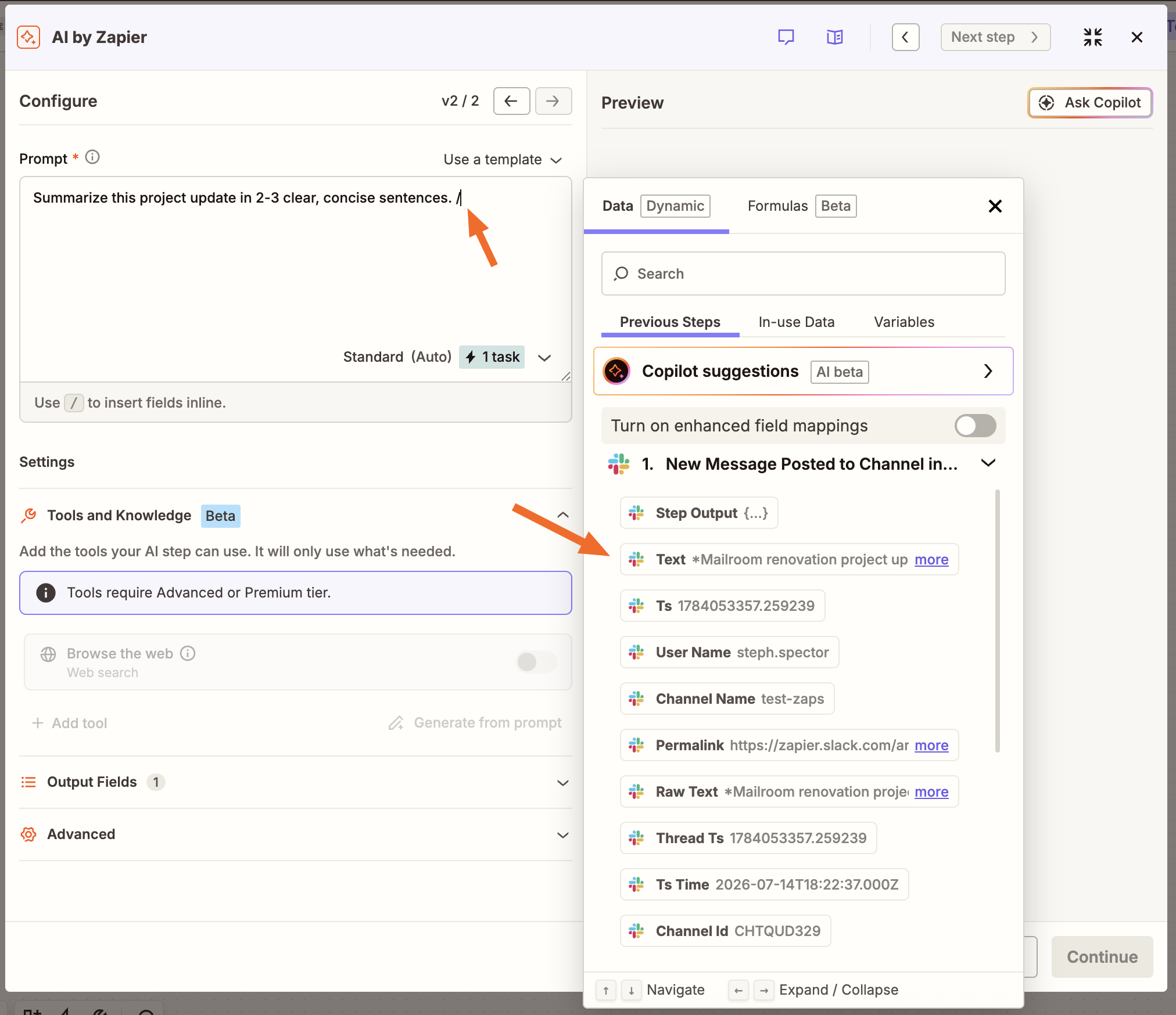 Zapier ধাপে AI এর মধ্যে ক্ষেত্র ম্যাপিং