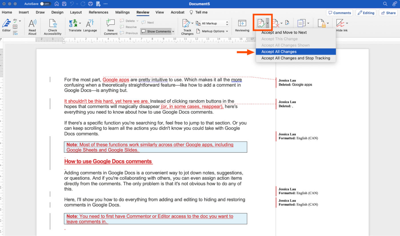 How to accept all changes in a Word document.