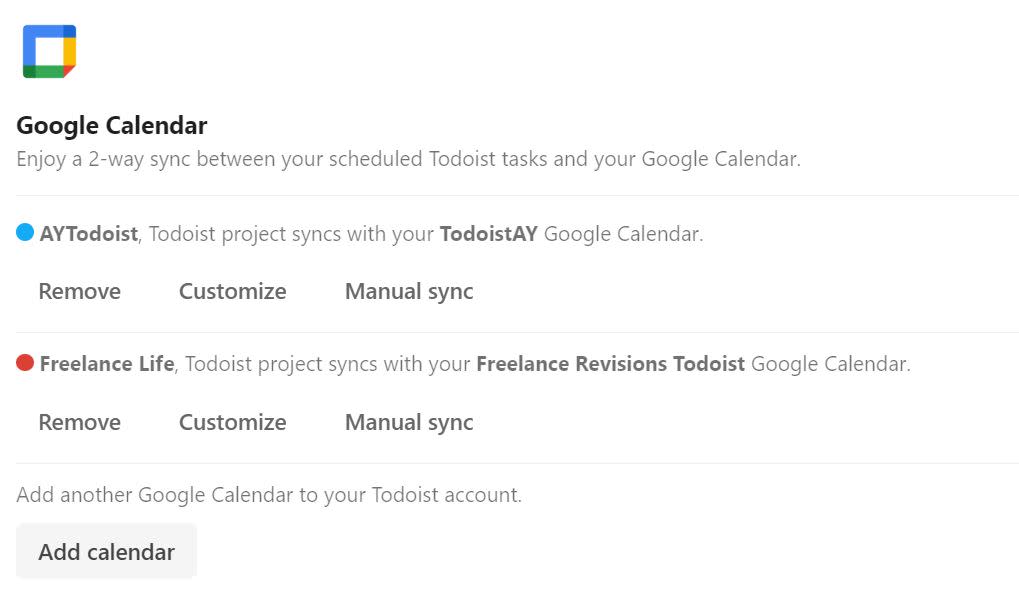 Syncing lists in Todoist with different Google Calendar accounts