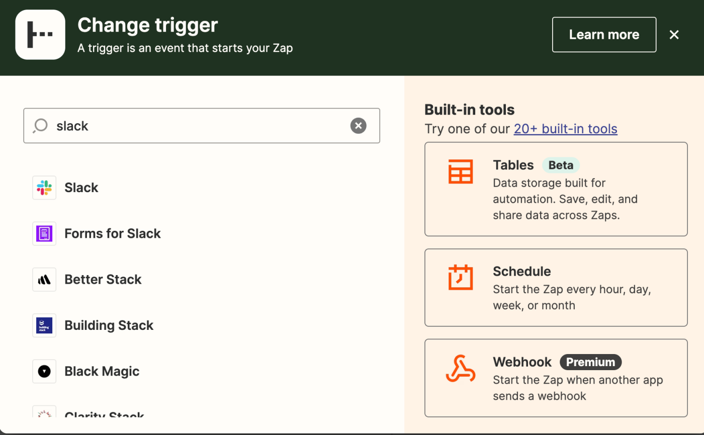 Screenshot of Slack in Zap editor
