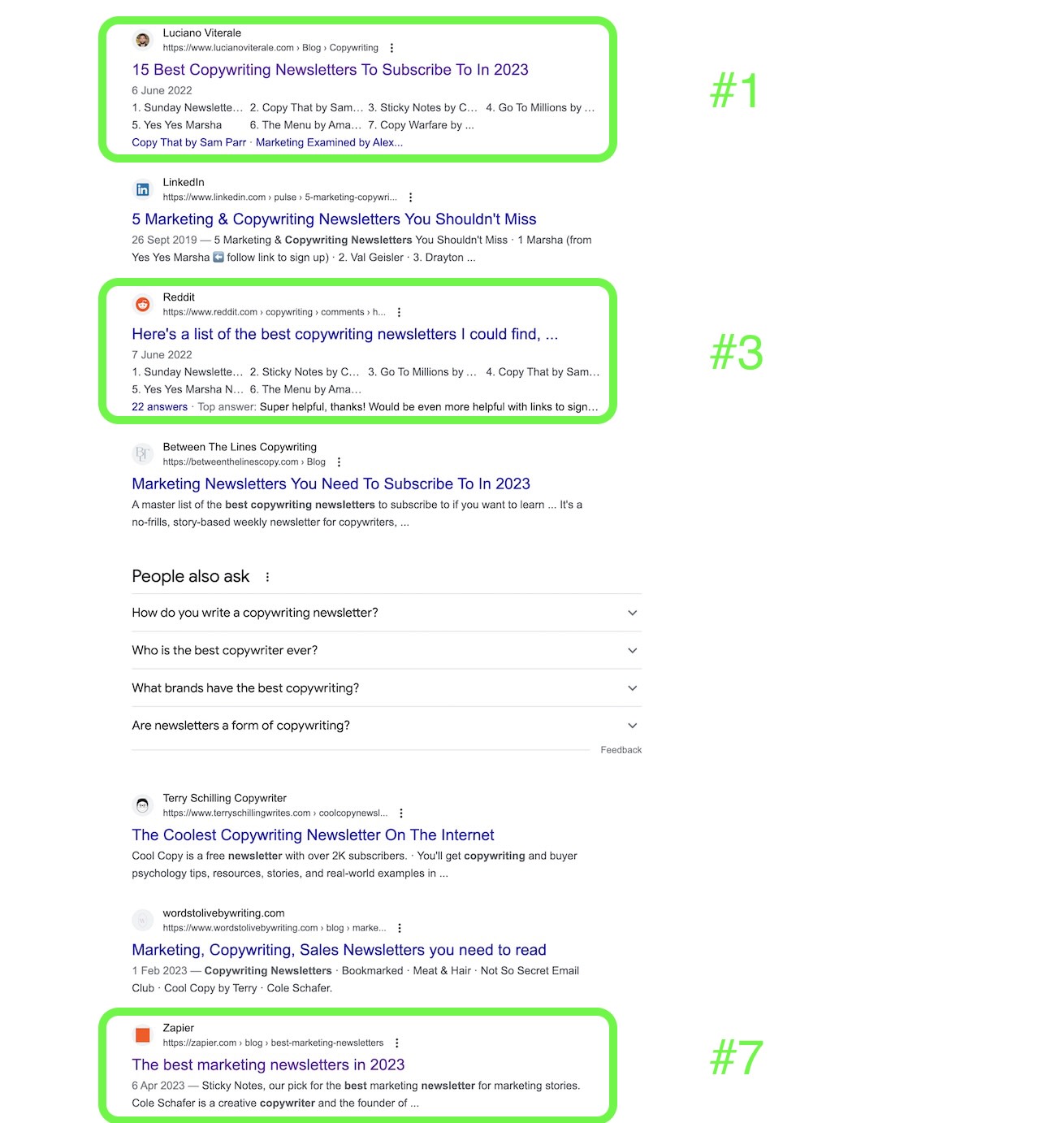 Google results for "copywriting newsletter"