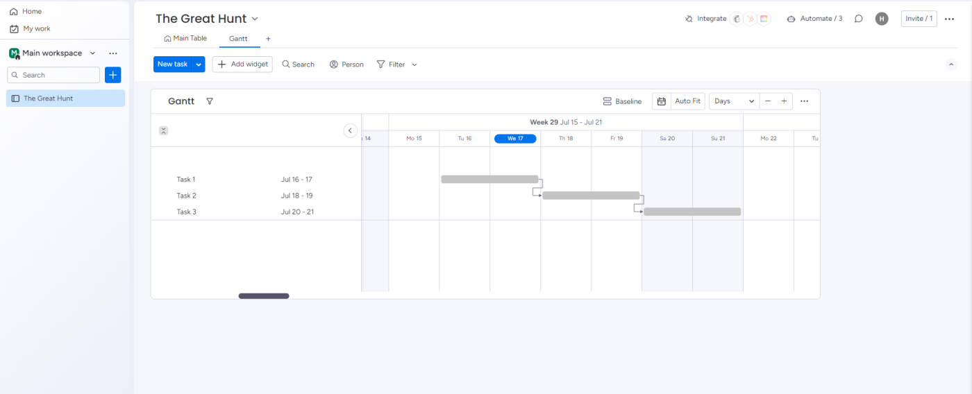 Screenshot displaying Monday’s Gantt functionality