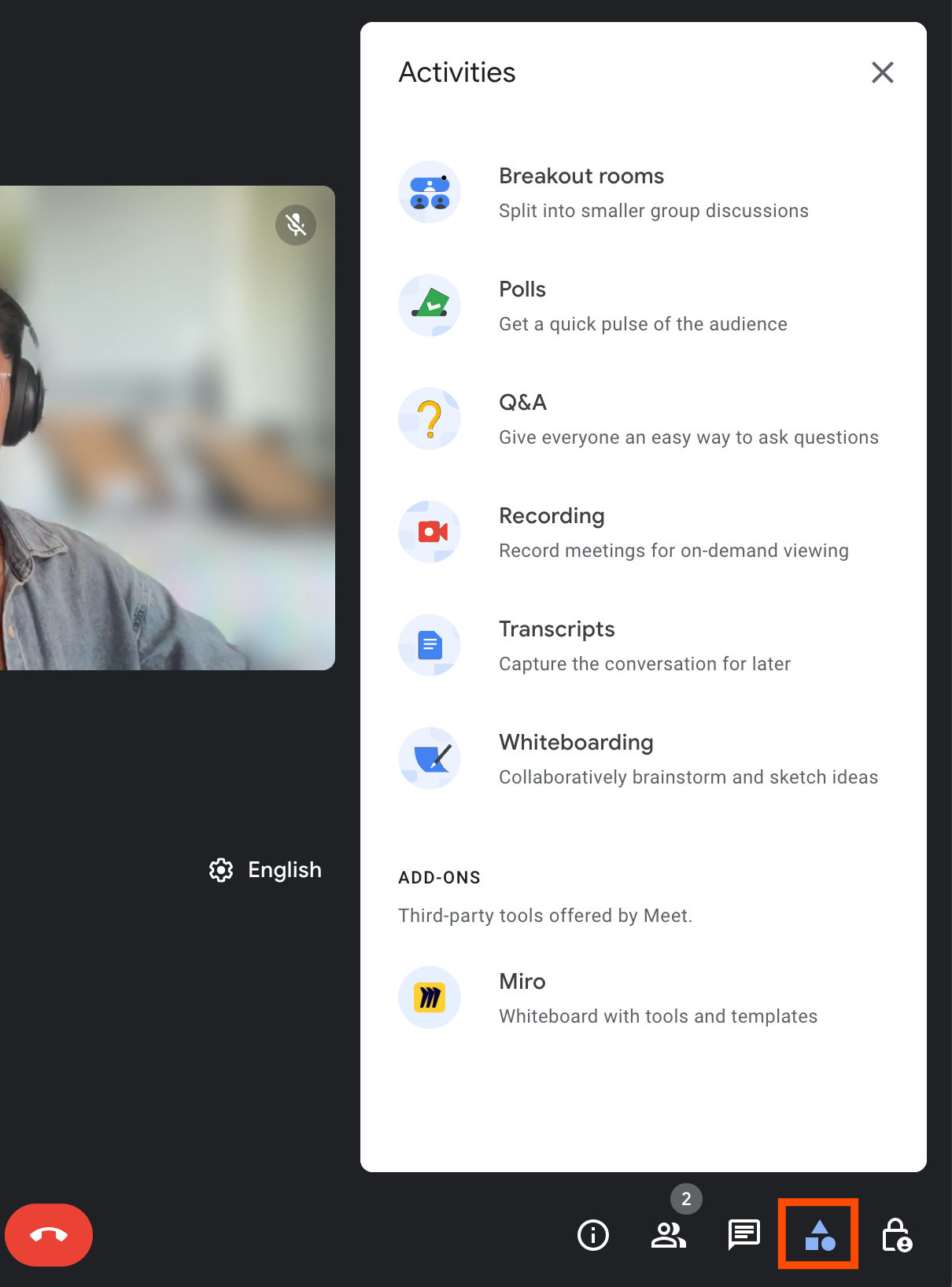 List of Google Meet features in the activities menu of a live meeting.