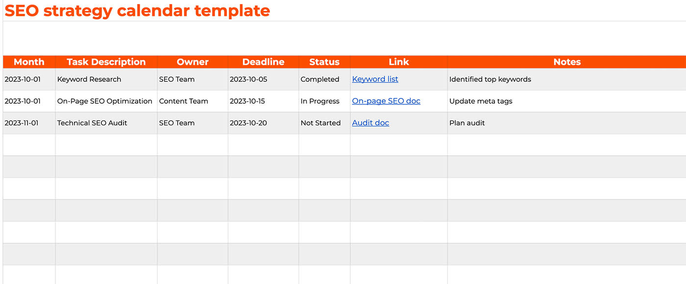 Screenshot of an SEO strategy calendar template with three rows filled in.